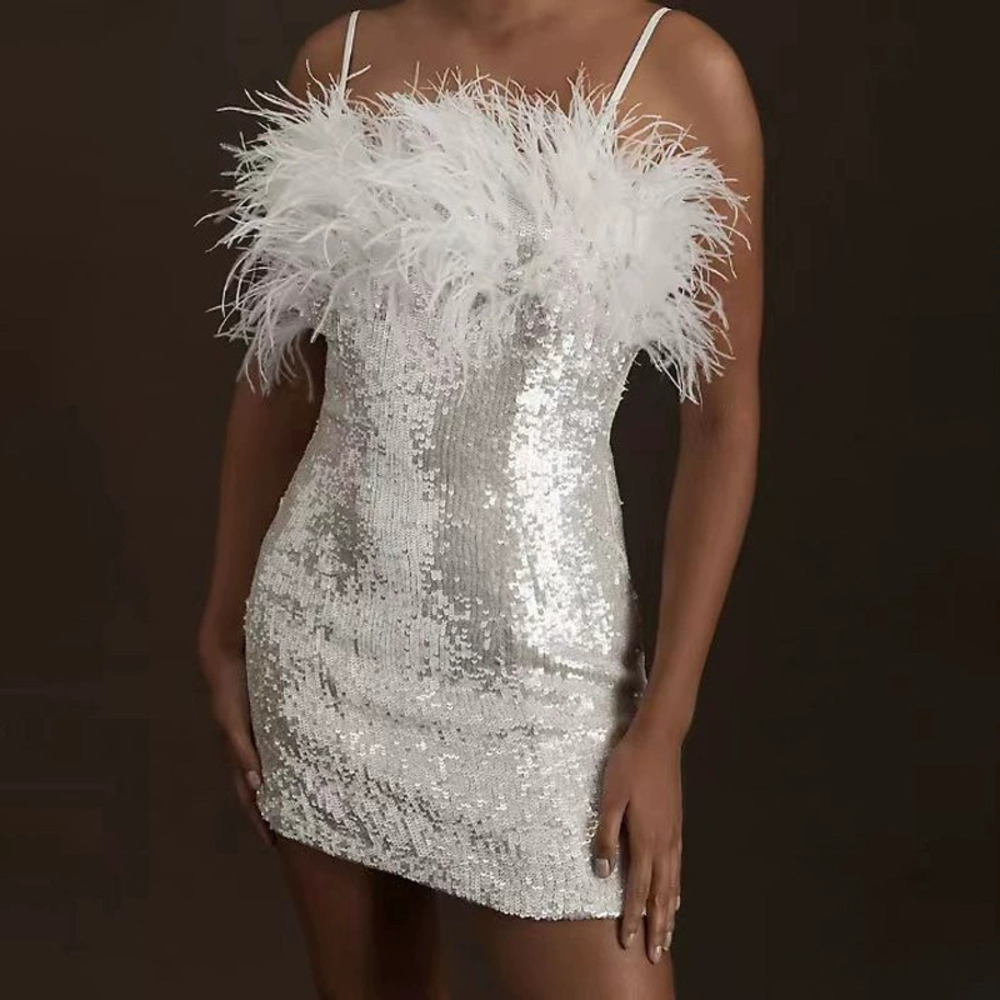 ZARA Party Dress Faux Fur Trim Sequins Strapless Bodycon